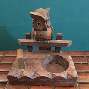 Black Forest Style Owl Desk Organizer Vintage Hand-carved Wood 5.5"x5.25"x4"